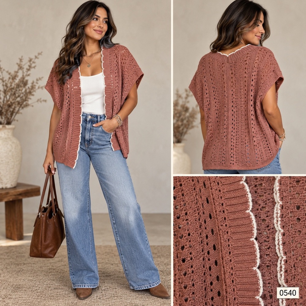 Grace Karin Womens Crochet Knit Shawl Vest Dusty Rose Scallop Trim Size L 0540